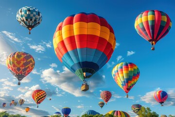 Obraz premium A hot air balloon festival with numerous balloons in various colors and patterns floating in the sky. 