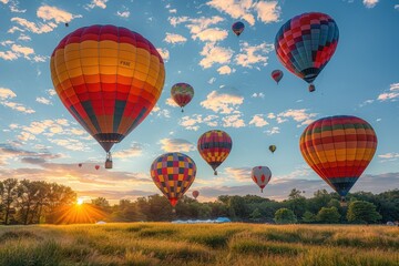 Obraz premium A hot air balloon festival with numerous balloons in various colors and patterns floating in the sky. 