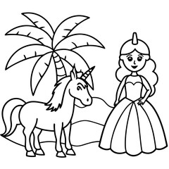 Cute princess cuddles with a unicorn. Coloring book page with colorful template for kids. Isolated illustration. For coloring book