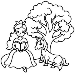 Cute princess cuddles with a unicorn. Coloring book page with colorful template for kids. Isolated illustration. For coloring book