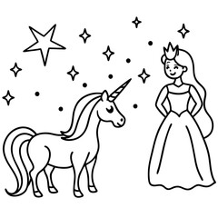 Cute princess cuddles with a unicorn. Coloring book page with colorful template for kids. Isolated illustration. For coloring book