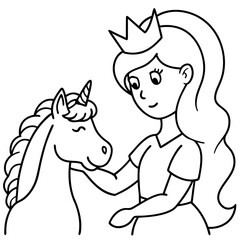 Cute princess cuddles with a unicorn. Coloring book page with colorful template for kids. Isolated illustration. For coloring book