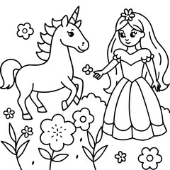 Cute princess cuddles with a unicorn. Coloring book page with colorful template for kids. Isolated illustration. For coloring book