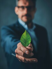 a man in a suit holding a green leaf