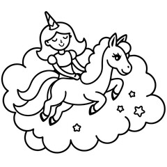 Cute princess cuddles with a unicorn. Coloring book page with colorful template for kids. Isolated illustration. For coloring book