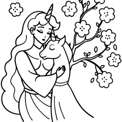 Cute princess cuddles with a unicorn. Coloring book page with colorful template for kids. Isolated illustration. For coloring book