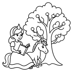 Cute princess cuddles with a unicorn. Coloring book page with colorful template for kids. Isolated illustration. For coloring book