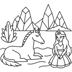 Cute princess cuddles with a unicorn. Coloring book page with colorful template for kids. Isolated illustration. For coloring book