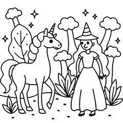 Cute princess cuddles with a unicorn. Coloring book page with colorful template for kids. Isolated illustration. For coloring book