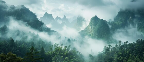 Misty mountain range with dense forests and low-hanging clouds