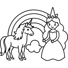 Cute princess cuddles with a unicorn. Coloring book page with colorful template for kids. Isolated illustration. For coloring book