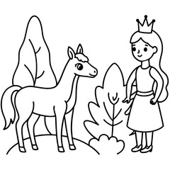 Cute princess cuddles with a unicorn. Coloring book page with colorful template for kids. Isolated illustration. For coloring book