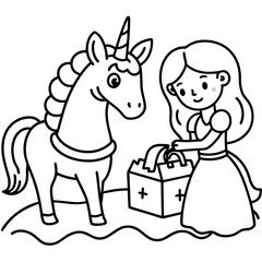 Cute princess cuddles with a unicorn. Coloring book page with colorful template for kids. Isolated illustration. For coloring book