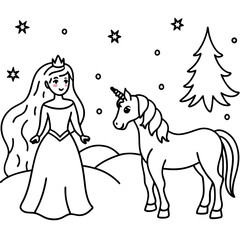 Cute princess cuddles with a unicorn. Coloring book page with colorful template for kids. Isolated illustration. For coloring book