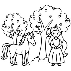 Cute princess cuddles with a unicorn. Coloring book page with colorful template for kids. Isolated illustration. For coloring book