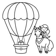 Cute princess cuddles with a unicorn. Coloring book page with colorful template for kids. Isolated illustration. For coloring book