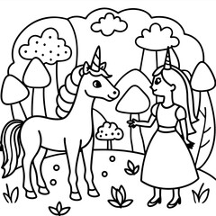 Cute princess cuddles with a unicorn. Coloring book page with colorful template for kids. Isolated illustration. For coloring book