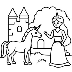 Cute princess cuddles with a unicorn. Coloring book page with colorful template for kids. Isolated illustration. For coloring book