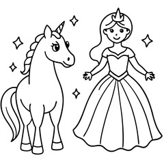 Cute princess cuddles with a unicorn. Coloring book page with colorful template for kids. Isolated illustration. For coloring book