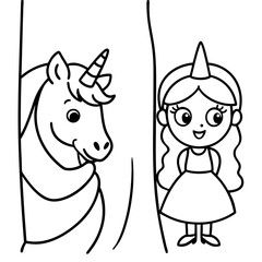 Cute princess cuddles with a unicorn. Coloring book page with colorful template for kids. Isolated illustration. For coloring book