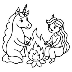 Cute princess cuddles with a unicorn. Coloring book page with colorful template for kids. Isolated illustration. For coloring book