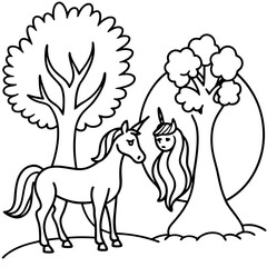 Obraz premium Cute princess cuddles with a unicorn. Coloring book page with colorful template for kids. Isolated illustration. For coloring book