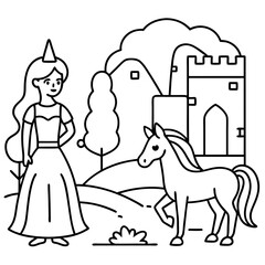 Cute princess cuddles with a unicorn. Coloring book page with colorful template for kids. Isolated illustration. For coloring book