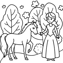 Cute princess cuddles with a unicorn. Coloring book page with colorful template for kids. Isolated illustration. For coloring book