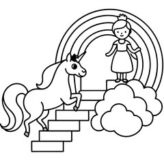 Cute princess cuddles with a unicorn. Coloring book page with colorful template for kids. Isolated illustration. For coloring book