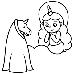 Cute princess cuddles with a unicorn. Coloring book page with colorful template for kids. Isolated illustration. For coloring book
