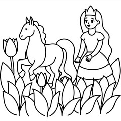 Cute princess cuddles with a unicorn. Coloring book page with colorful template for kids. Isolated illustration. For coloring book