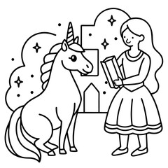 Cute princess cuddles with a unicorn. Coloring book page with colorful template for kids. Isolated illustration. For coloring book