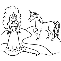 Cute princess cuddles with a unicorn. Coloring book page with colorful template for kids. Isolated illustration. For coloring book