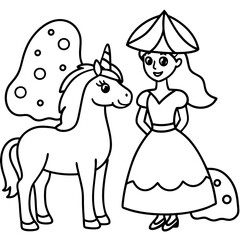 Cute princess cuddles with a unicorn. Coloring book page with colorful template for kids. Isolated illustration. For coloring book