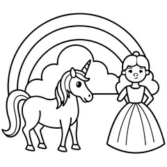 Cute princess cuddles with a unicorn. Coloring book page with colorful template for kids. Isolated illustration. For coloring book