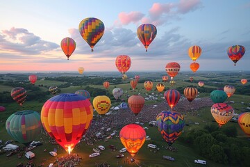 A hot air balloon festival with numerous balloons in various colors and patterns floating in the sky. 