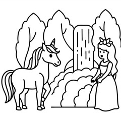 Cute princess cuddles with a unicorn. Coloring book page with colorful template for kids. Isolated illustration. For coloring book