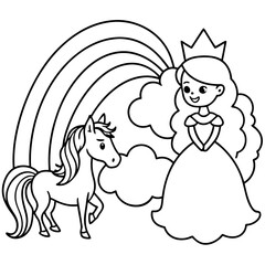 Cute princess cuddles with a unicorn. Coloring book page with colorful template for kids. Isolated illustration. For coloring book