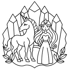 Cute princess cuddles with a unicorn. Coloring book page with colorful template for kids. Isolated illustration. For coloring book