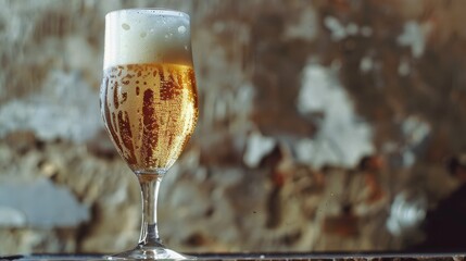 Light foam beer in a glass on an old background