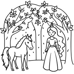 Cute princess cuddles with a unicorn. Coloring book page with colorful template for kids. Isolated illustration. For coloring book