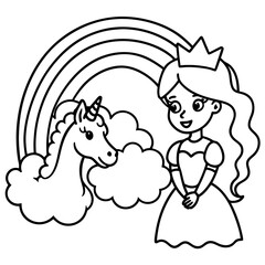 Cute princess cuddles with a unicorn. Coloring book page with colorful template for kids. Isolated illustration. For coloring book