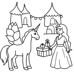 Obraz premium Cute princess cuddles with a unicorn. Coloring book page with colorful template for kids. Isolated illustration. For coloring book