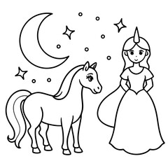 Cute princess cuddles with a unicorn. Coloring book page with colorful template for kids. Isolated illustration. For coloring book