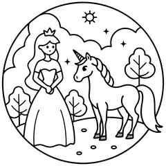 Cute princess cuddles with a unicorn. Coloring book page with colorful template for kids. Isolated illustration. For coloring book