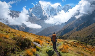 Hiking in the mountains. Tourists admire the view of the mountains