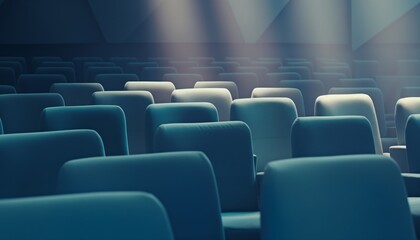 Fototapeta premium Blue cinema seats in rows with dramatic lighting, creating an atmospheric and immersive movie environment