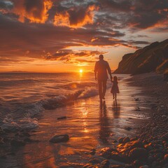 Fototapeta premium Father Holding Daughter's Hand on the Beach