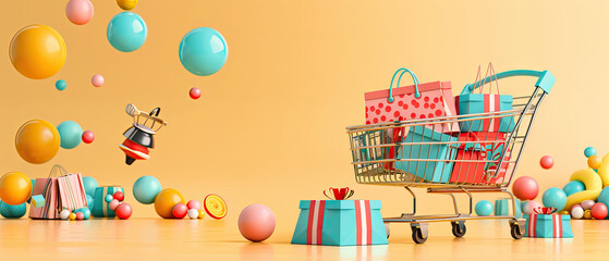 A shopping cart full of presents is flying through the air