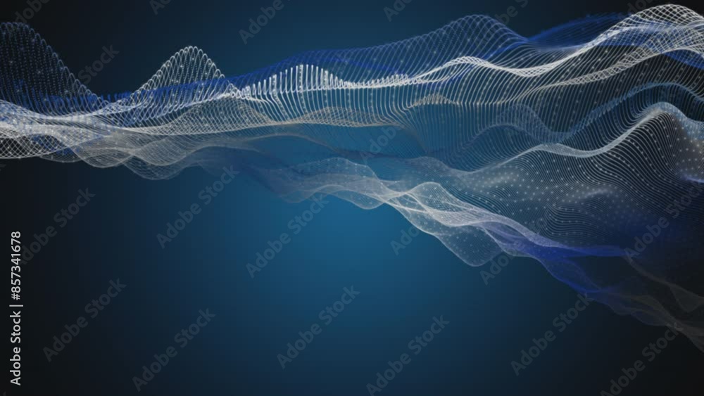 Poster futuristic video animation with particle wave object in slow motion, 4096x2304 loop 4k